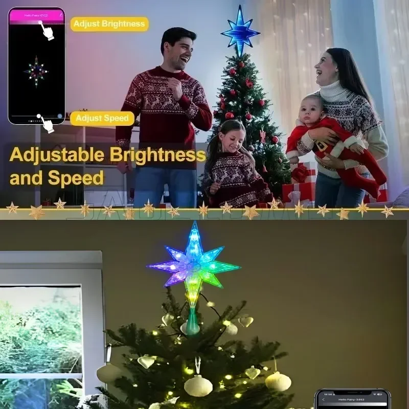 5V Smart APP Remote Control RGB Color Abyssal Mirror Christmas Tree Star Decor Lights Music Sync Xmas Tree Topper Holiday Party