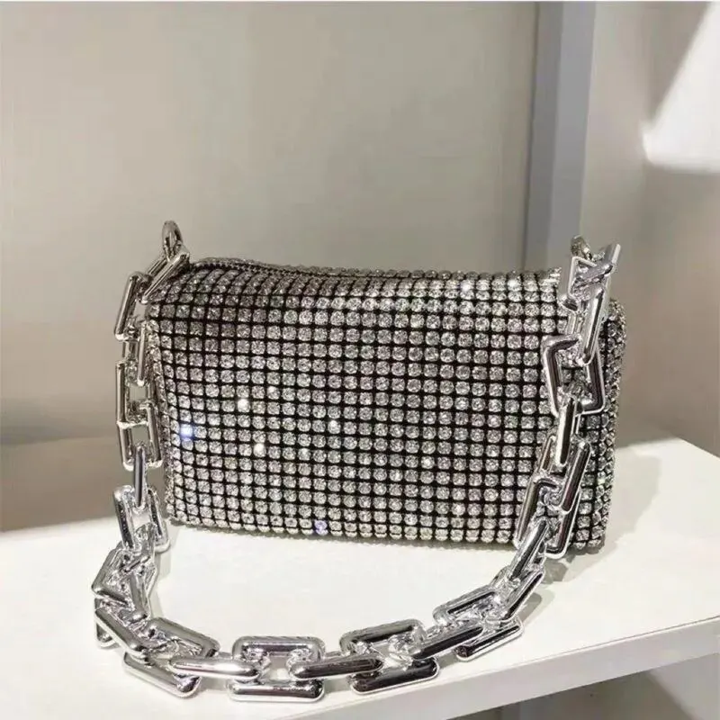 Allover Rhinestone Bucket Bag, brokatowa torebka na studniówkę z łańcuszkiem, damska mini torba na ramię (6,3*3,54) cala