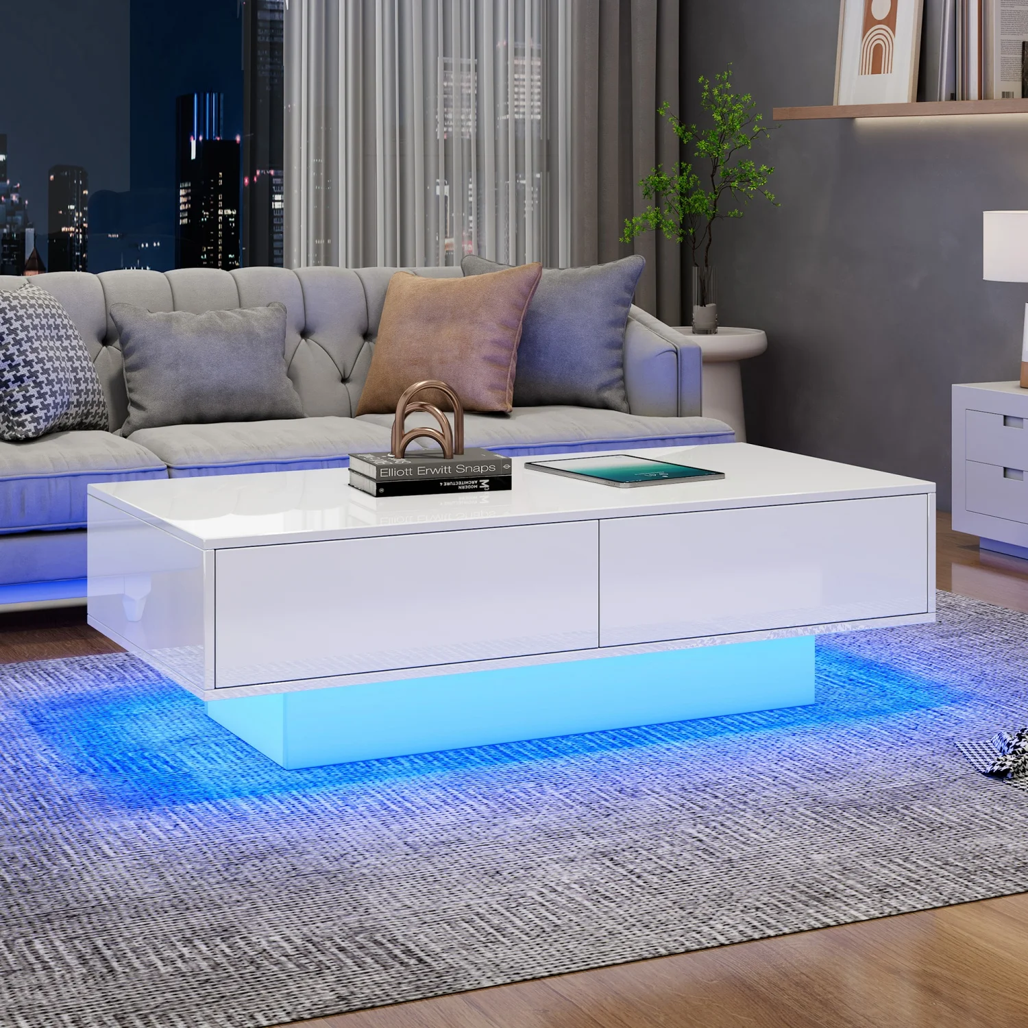 Mesa de centro moderna de alto brilho com 2 gavetas, iluminação LED e capacidade de carga de 30 kg mesa de sala elegante, 115x55x34cm