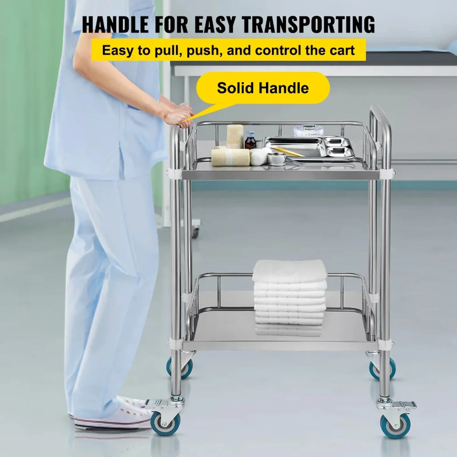 Carrello di utilità da laboratorio in acciaio inossidabile a 2 strati con ruote bloccabili carrello di utilità per la riparazione della cucina attrezzatura da laboratorio clinica del salone