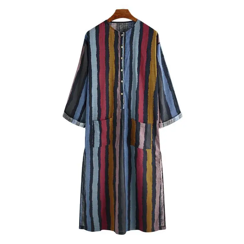 Túnica musulmana de algodón a rayas para hombre, traje de caftán árabe islámico de Oriente Medio, Abaya de Dubái, primavera y verano, 2024