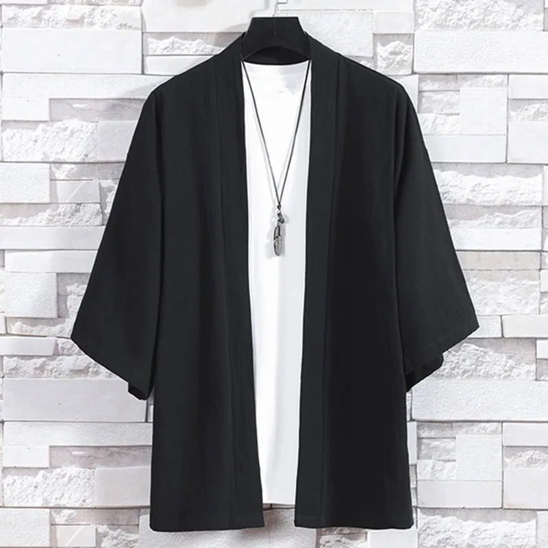 Męski kardigan kimono Japońskie kurtki Casualowa bawełniana koszula z rękawami 3/4 Otwarty płaszcz z przodu Lekka lniana Yukata