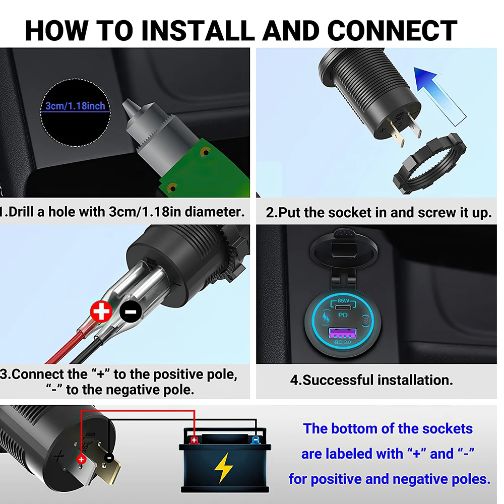 85w pd tipo c/qc 3.0 carregador de carro usb com interruptor tomada de carga rápida adaptador à prova dwaterproof água para 12v 24v carro caminhão barco