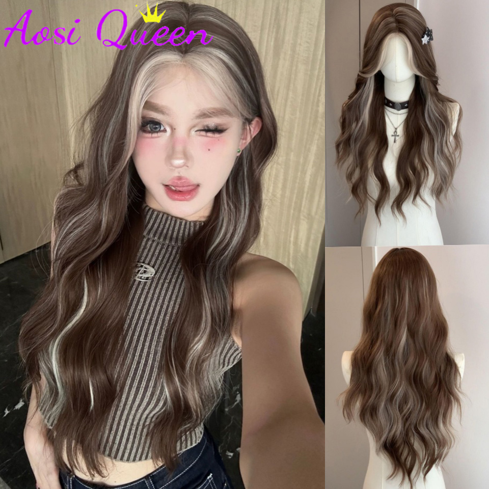 Aosiqueen marrom loiro longo ondulado perucas sintéticas parte média peruca natural resistente ao calor cosplay festa peruca de cabelo diário para mulher