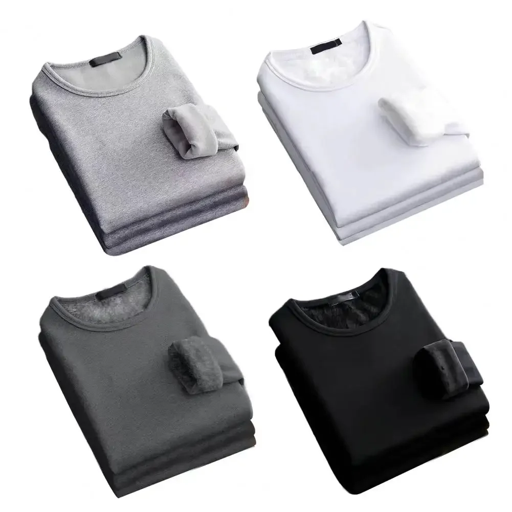 Camiseta térmica de manga larga para hombre, camisa de fondo de lana, camisa de cuello redondo, camiseta acolchada de terciopelo a la moda, invierno