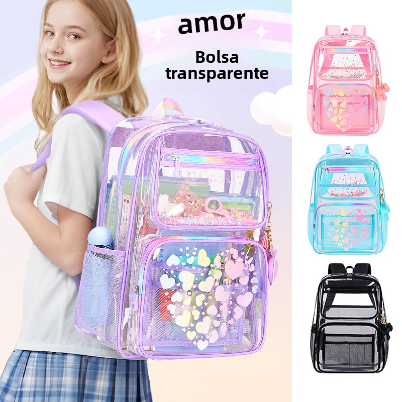 Mochila transparente, bolso escolar de dibujos animados a la moda para estudiantes de primaria y secunia, bolso de doble h...