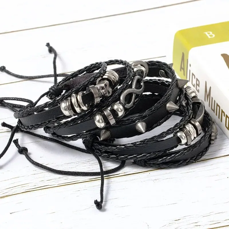 Conjunto de pulseira estilo punk trançado diy de metal 5 peças, com couro pu e miçangas