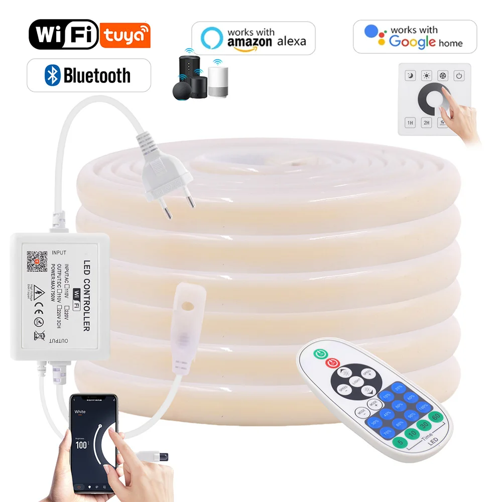 Tira de luces LED de neón, Kit de alimentación con Control remoto, Wifi, Bluetooth, COB, 220V, regulable, 23 teclas, cuerda impermeable, CA 220V, 288LED/m