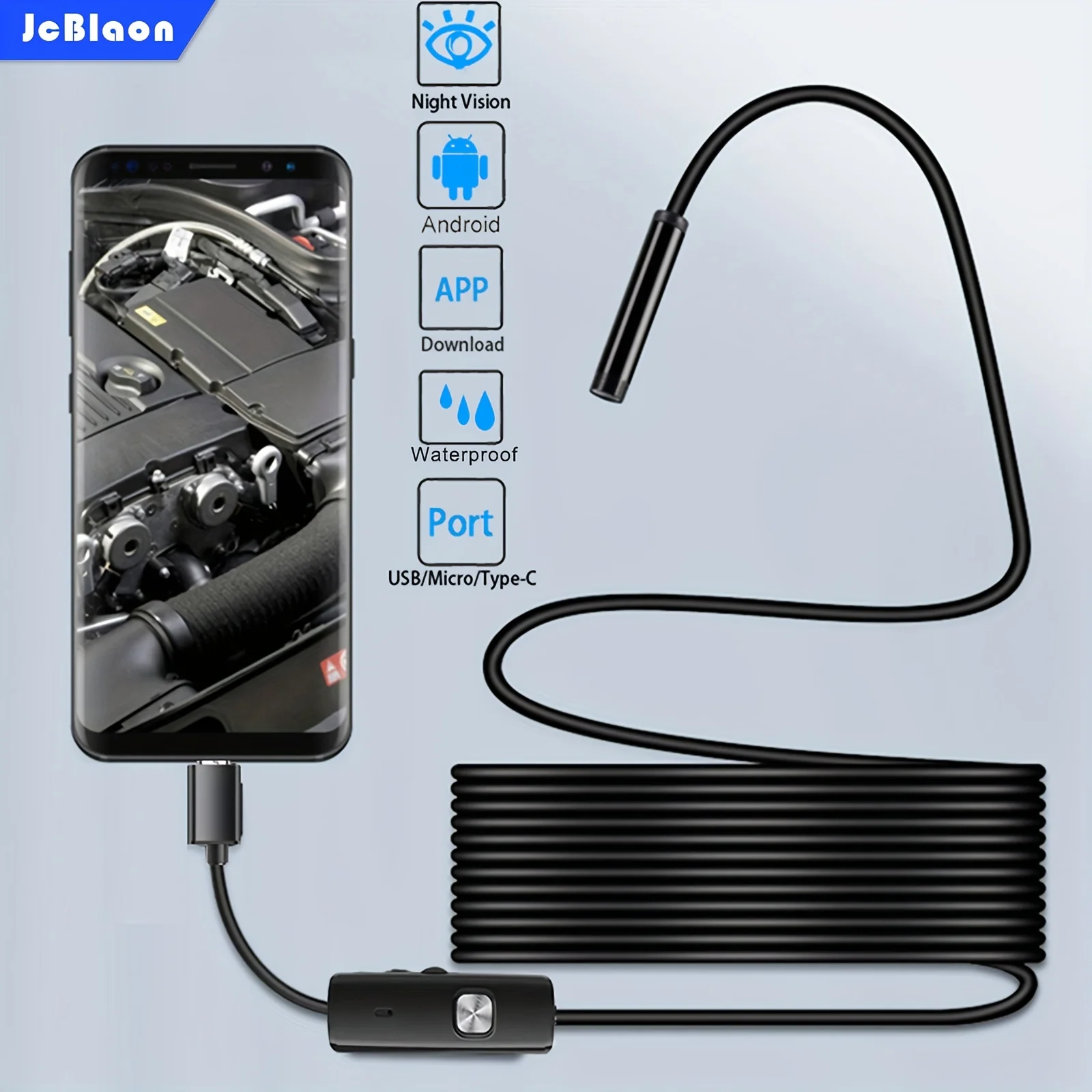 Endoscópio industrial de esgoto, mini câmera flexível de cobra, boroscópio automotivo, endoscopia tipo c para android, 7mm, à prova d'água