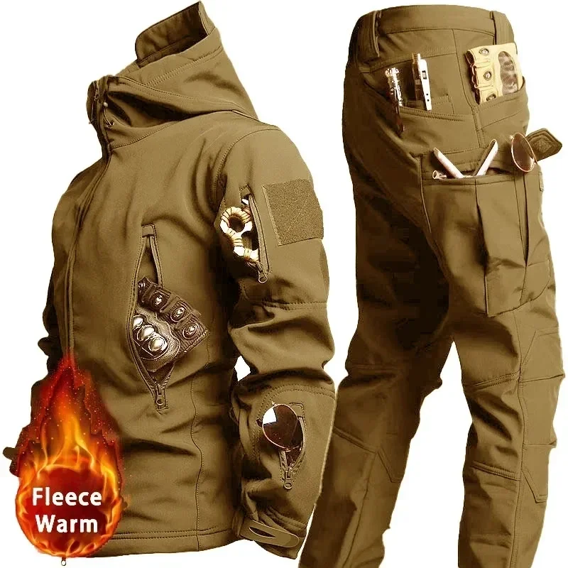 NOWE ciepłe zestawy polarowe Camo zimowa miękka skorupa kurtka taktyczna Cargo spodnie Outdoor z wieloma kieszeniami wodoodporny kombinezon myśliwski