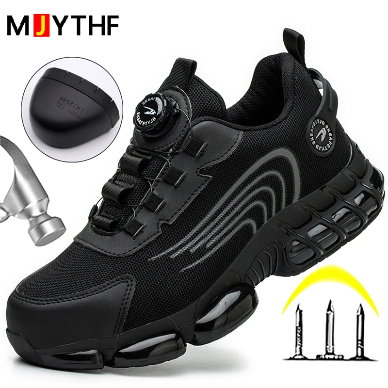 Zapatos de seguridad con botón giratorio para hombre, zapatillas de trabajo indestructibles, zapatos protectores a prueba de perforaciones, botas de trabajo, zapatos con punta de acero