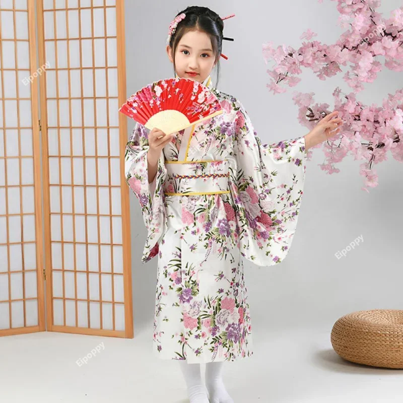Kimono-Kleid, lebendiger Kirschblüten-Druck, japanische Kimono-Sets für Mädchen, Cosplay, Schulaufführungen, traditionell für die Grundschule