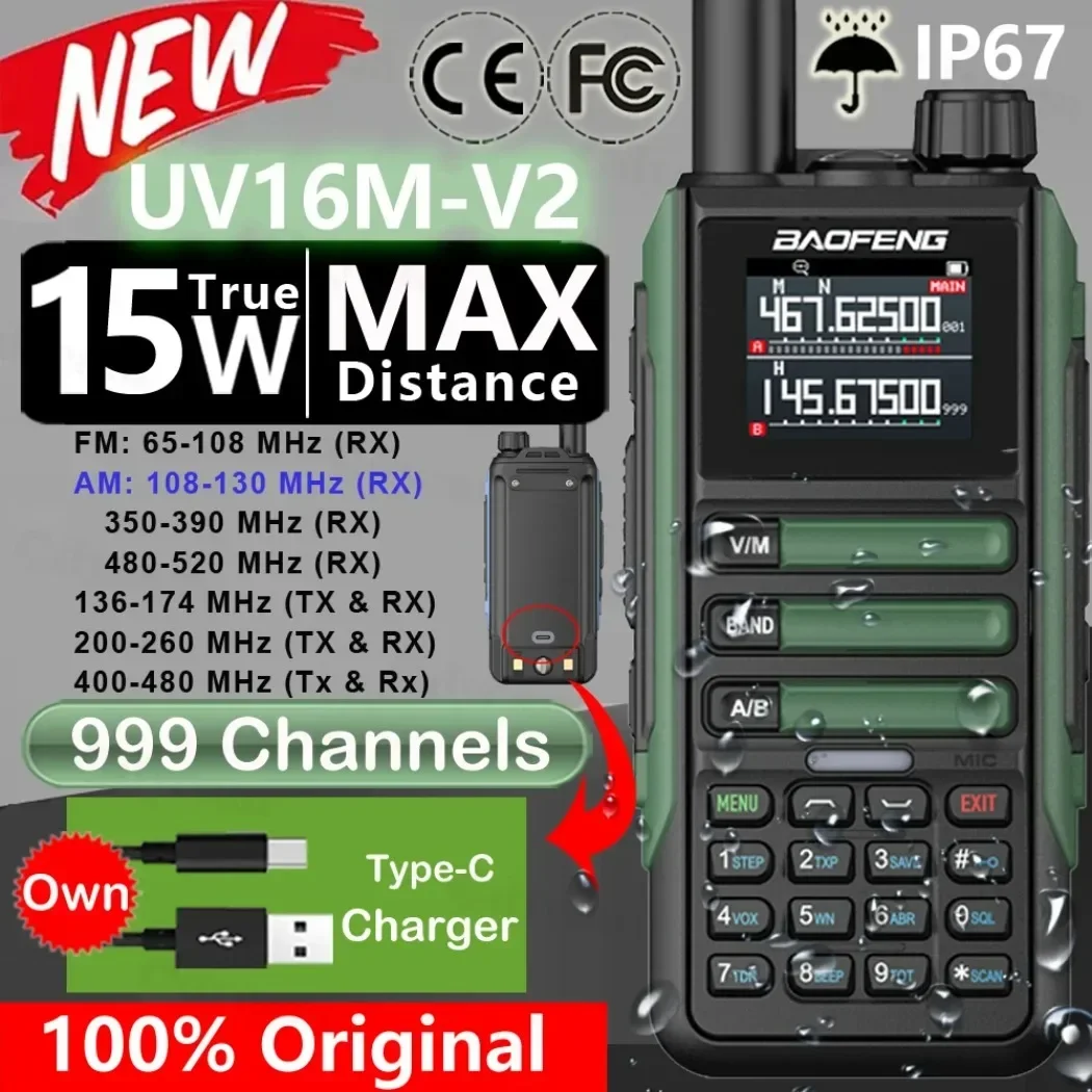 BAOFENG actualización UV16M V2 Walkie Talkie 15W alta capacidad AM FM Radio bidireccional banda completa LCD 999CH copia de frecuencia NOAA reducción de ruido