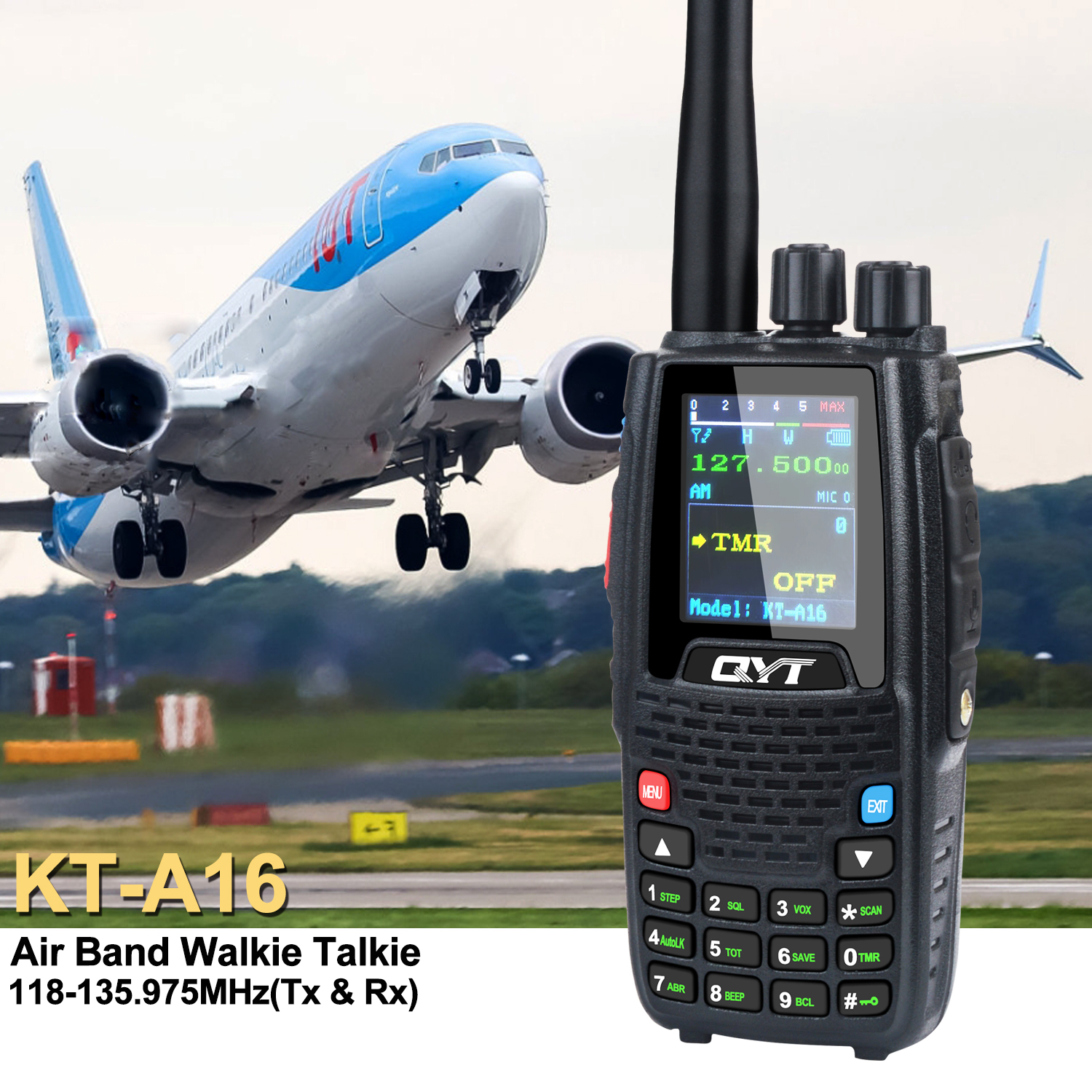 Transmissor de banda aérea walkie talkie tx118.000-136.999mhz, rx108.0000-136.999mhz 6w 200ch com canais noaa vox qyt KT-A16 rádio