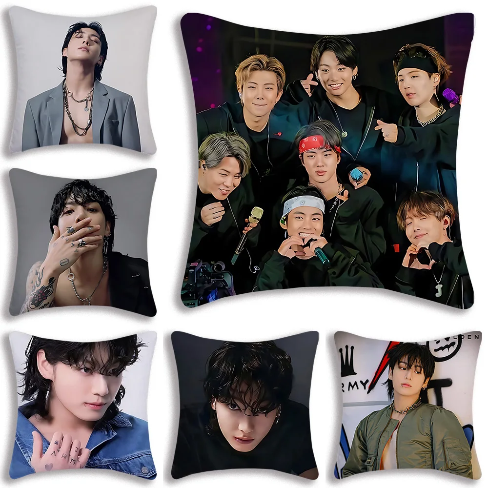 Fundas de almohada con ganchos de idol coreano, funda de cojín bonita de felpa corta con estampado de doble cara para sofá de dibujos animados para el hogar, B-B-B-BTS