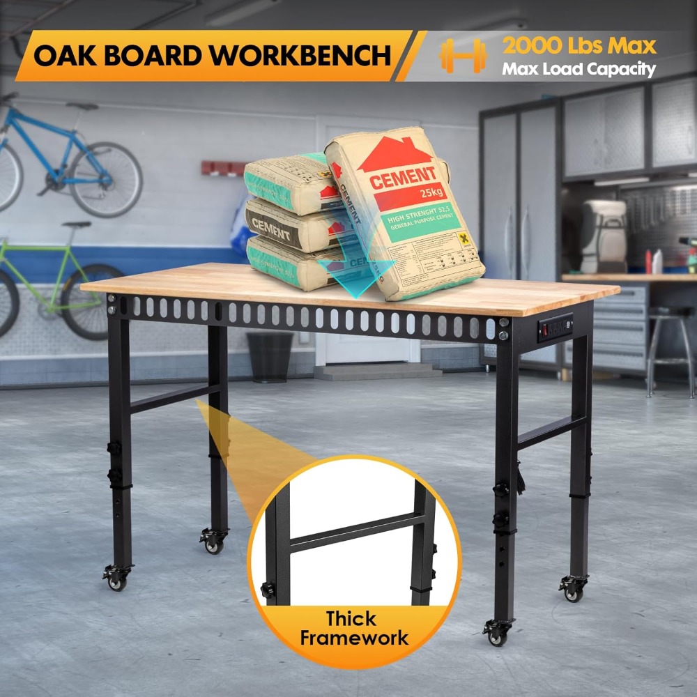 48 inch height adjustable workbench, 2000 pound load capacity rubber wood top workstation, with wheels and sockets