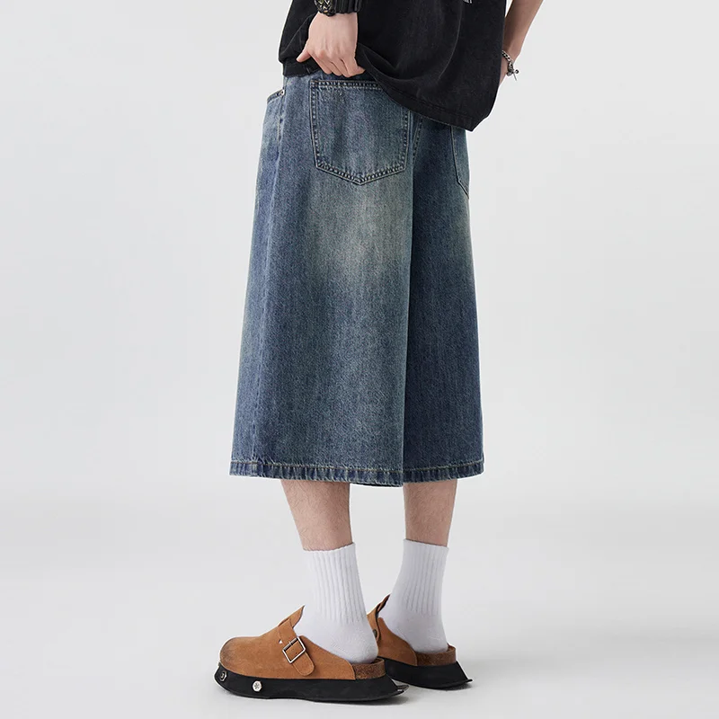 Men's Non-Elastic Denim Seven-Five Shorts Loose Wide Leg Fit Versatile Simple Style Casual Shorts