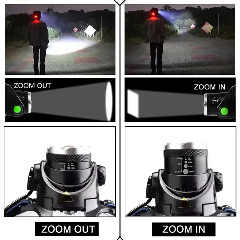 Bright Powerful LED Rechargeable Headlamp 3 Lighting Modes Telescopic Flashlight ZoAom Fishing Headlamp Camping Bicycle Torch