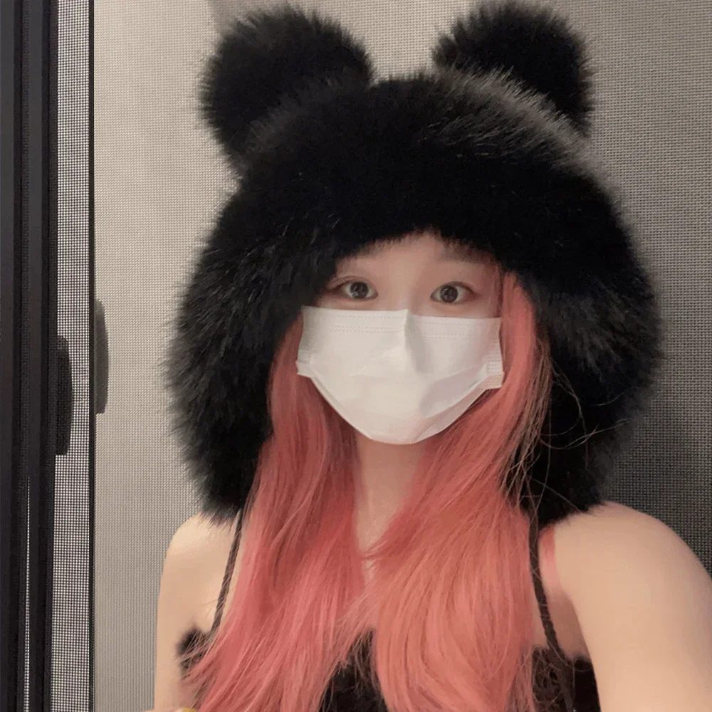 Gorro de felpa de visón de imitación de piel de zorro Kawaii cálido para mujer, gorro de bombardero japonés con orejas de oso bonito y grueso, gorro de Cosplay con protección para los oídos