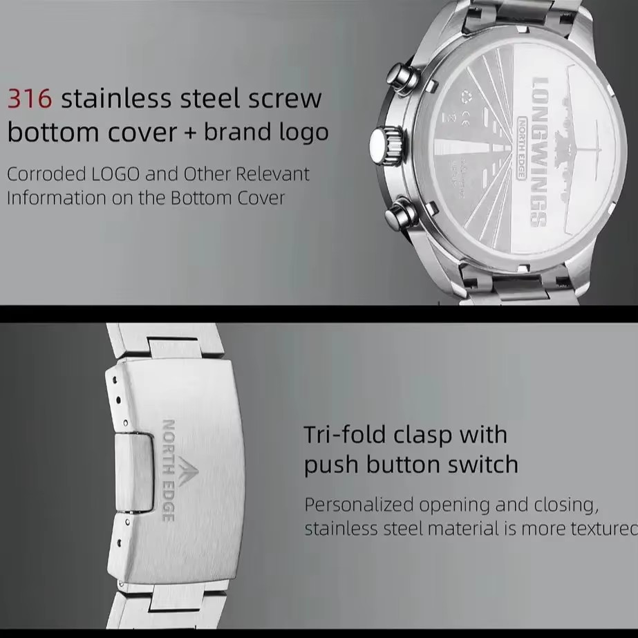 North edge 2025 longwings relógio de quartzo masculino movido a energia solar cronômetro à prova d'água 50m 316 relógio piloto luminoso de aço inoxidável completo