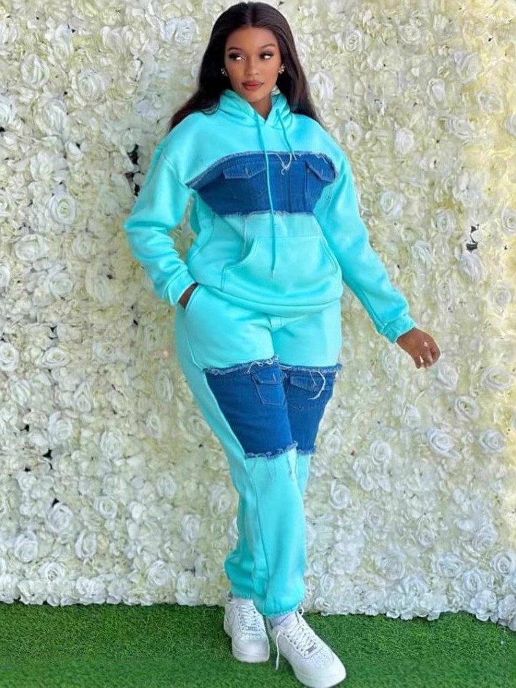 2 ชิ้นผู้หญิงชุด Dashiki แอฟริกันเสื้อผ้าฤดูใบไม้ผลิฤดูใบไม้ร่วงใหม่แฟชั่นแขนยาว DENIM TOP และกางเกงชุด PARTY ชุดการจับคู่