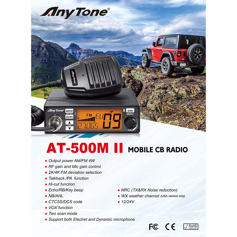 AnyTone AT-500M II NRC 4W CB Radio 26,965-27,405 MHz AM/FM RF/Mikrofonverstärkung mit VOX, CTCSS/DCS, Echo/RB/Key Beep, NB/ANL, Hi-Cut, WX