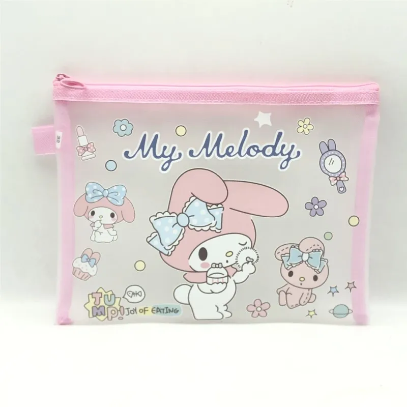 Custodia portaoggetti con cerniera in rete A5 Melody Kuromi Cinnamoroll Borsa per documenti Organizzatore di cancelleria per studenti Materiale scolastico
