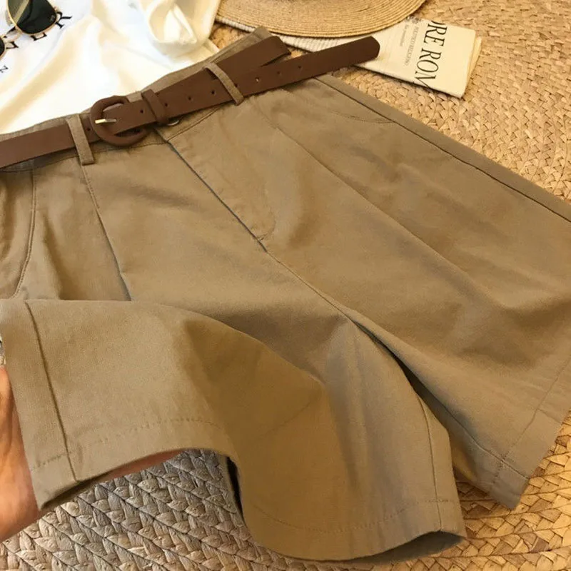 [Cinto de entrega] verão novo shorts de perna larga algodão fino a-frame shorts senhoras do escritório clássico solto casual shorts com zíper para mulher