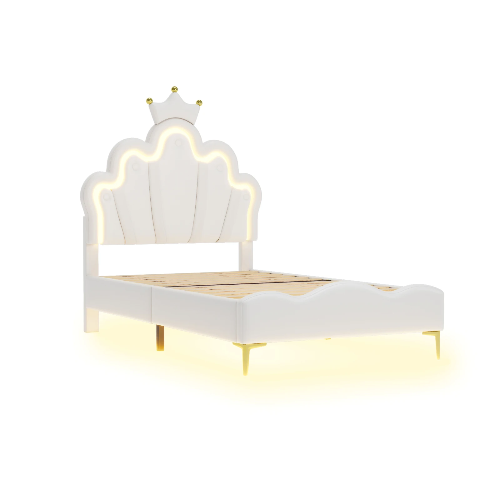 Comanlai-Cama infantil com luz LED, cabeceira em forma de coroa, cama estofada em couro PU, branco, 90x200cm