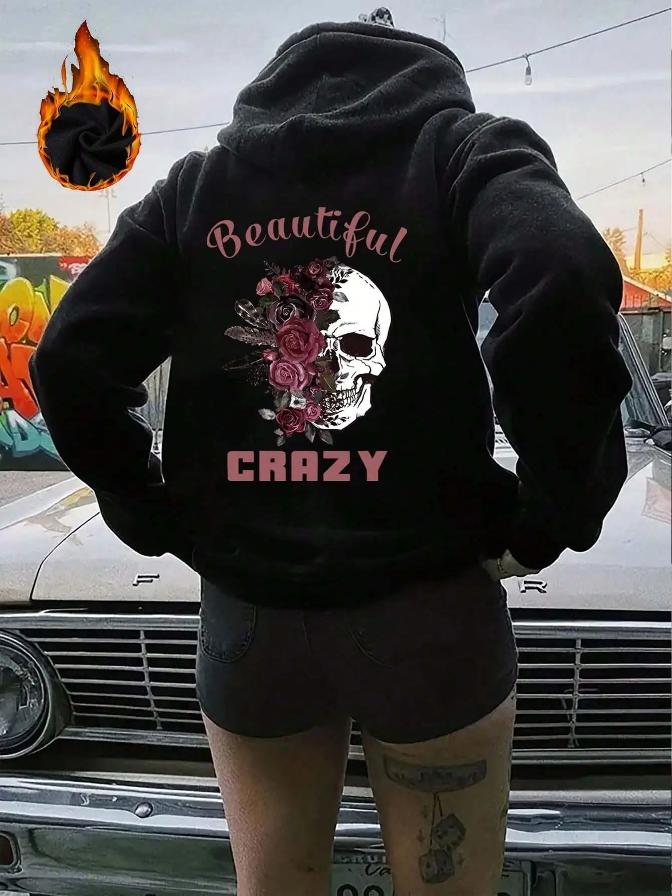 Hermosas sudaderas con capucha con estampado de calavera y flores locas, sudaderas de calle para mujer, jersey cálido de lana con cuello redondo, ropa femenina holgada