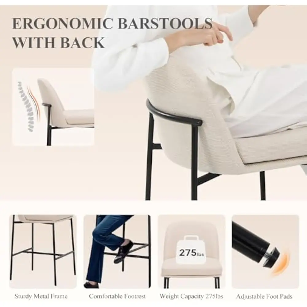 Bar Stools Set of 2, 25 Inch Stools with Back, Upholstered Counter Barstools Armless Bar Chairs with Metal Legs, Bar Stools