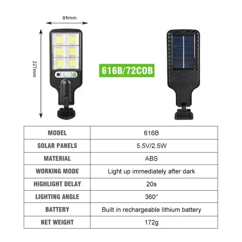 Luz de rua solar externa 72/108COB com sensor de movimento 3 modos de indução humana luz solar à prova d'água para garagem jardim pátio
