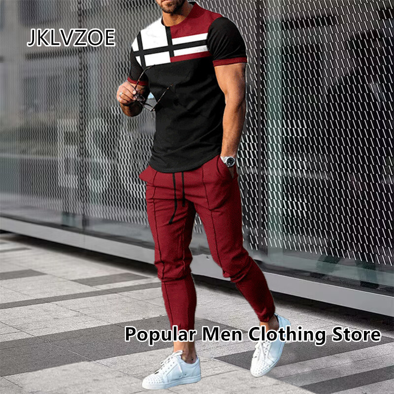 メンズ半袖Tシャツと3Dプリントのトラックスーツ,ストリートウェア,ロングパンツ,スポーツウェア,2点セット