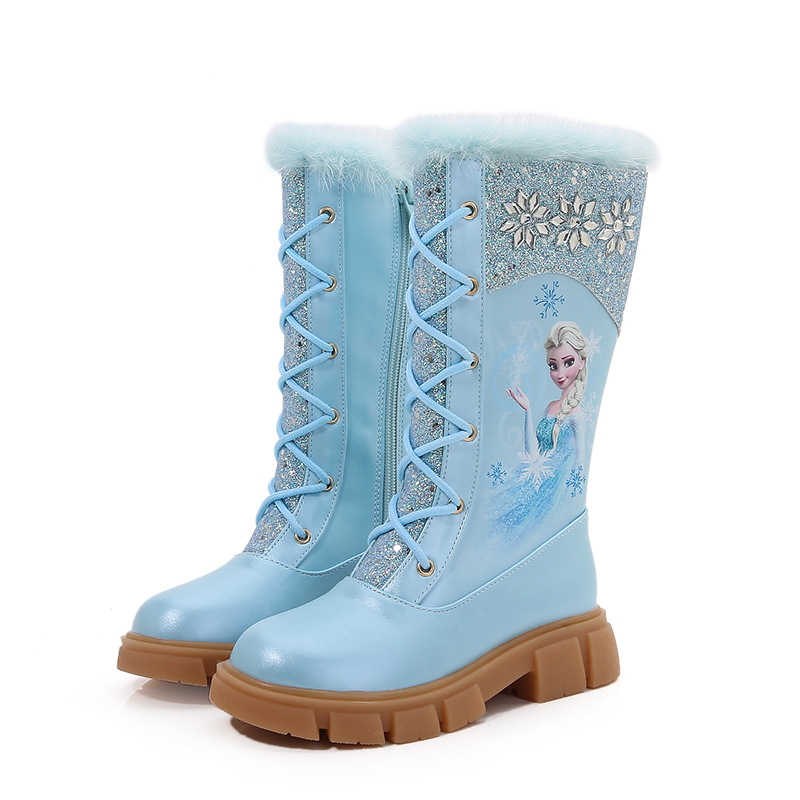 Disney-Botas de manga larga de algodón para niña, botas gruesas de felpa de manga alta, princesa Elsa, Frozen, Invierno