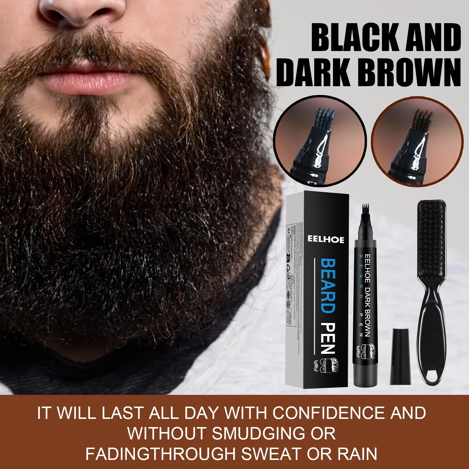 Caneta de enchimento de cabelo com kit de escova, preto/marrom, à prova d'água, quatro pontas, lápis de enchimento de barba para cabelo, sobrancelha, cílios, barba, enchimento de cabelo