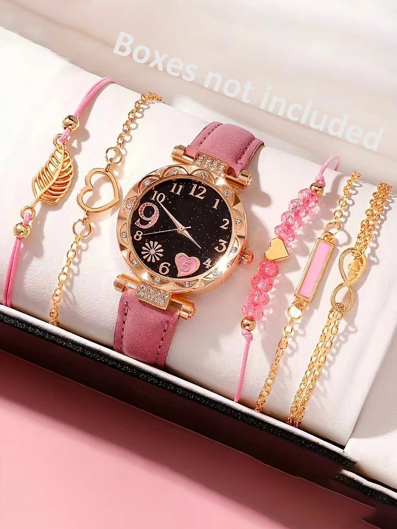 6PCS ผู้หญิงแฟชั่นนาฬิกาควอตซ์หรูหราหนังสีชมพู Band Analog นาฬิกาข้อมือสุภาพสตรีนาฬิกาผู้หญิงชุดสร้อยข้อมือนาฬิกา