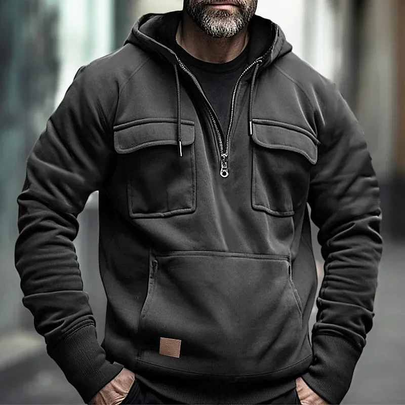 Sudaderas con capucha tácticas de media cremallera para hombre, sudaderas militares de lana sólida y cálida, chaquetas con capucha con múltiples bolsillos para hombre, Polar grueso para exteriores
