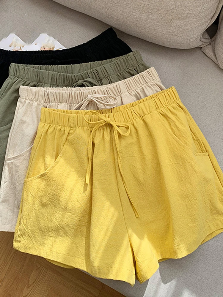 ITOOLIN Pantaloncini di lino casual Pantaloncini da allenamento per palestra da donna Pantaloni corti a vita alta Pantaloncini da donna neri a vita alta Pantaloncini sportivi da donna Femme