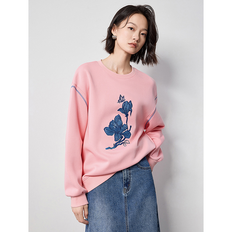 TOYOUTH เสื้อกันหนาวสตรี 2024 ฤดูใบไม้ผลิใหม่ Applique ดอกไม้เย็บปักถักร้อยแขนยาวรอบคอ Streetwear เสื้อ