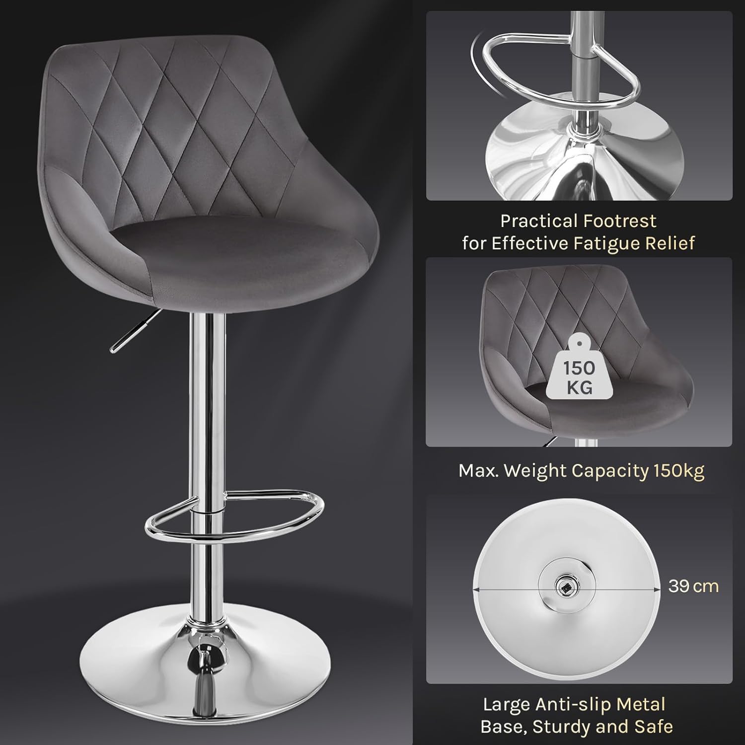 Barhocker 2er Set, Hocker höhenverstellbar drehbar, gepolsterter Samtsitz, mit Backrest Fußstütze,Dunkelgrau, BH138dgr-2