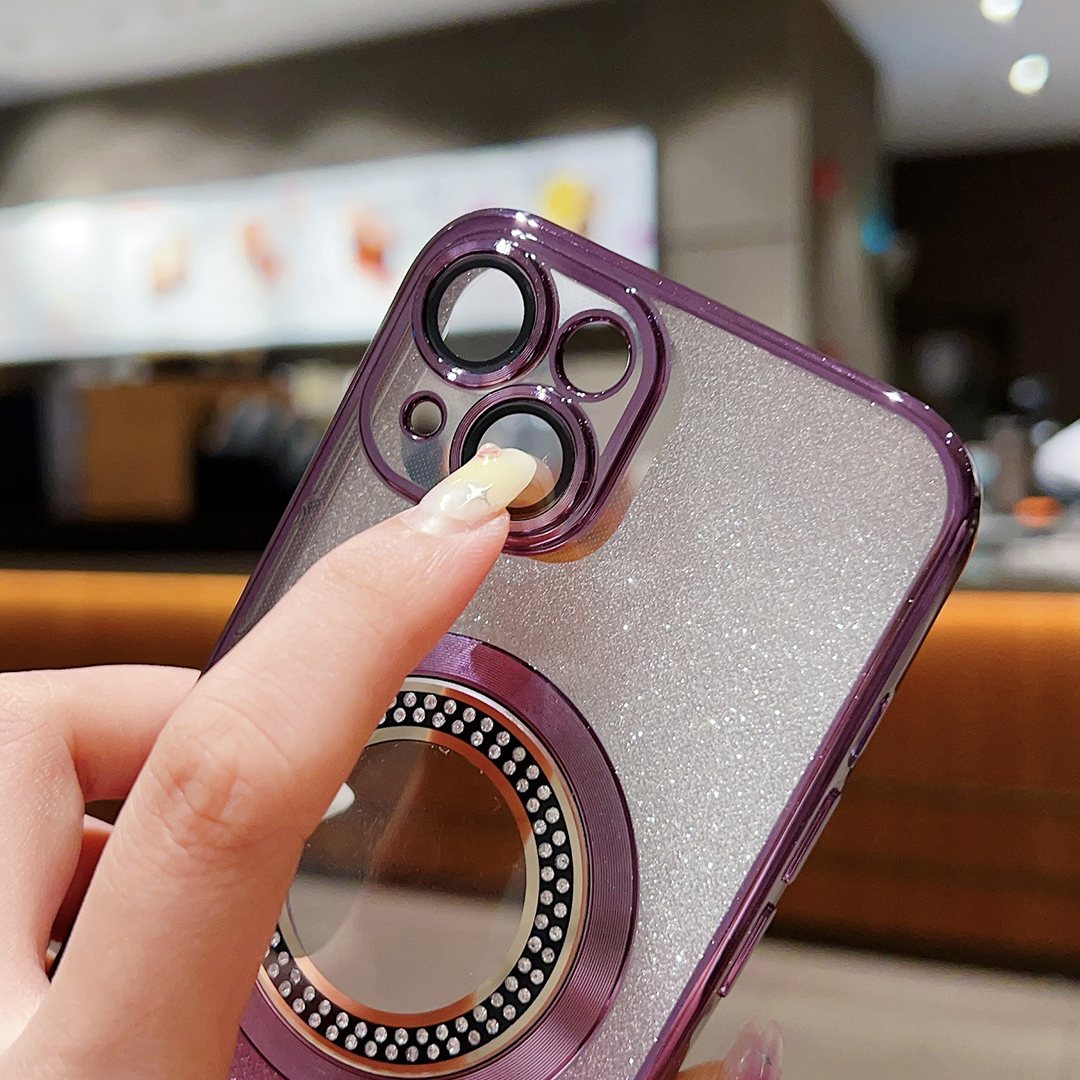 Casing berkilau lubang LOGO berlian mewah untuk iPhone 15 14 Plus 12 11 13 Pro Max Plating bening untuk Magsafe penutup tahan guncangan magnetik
