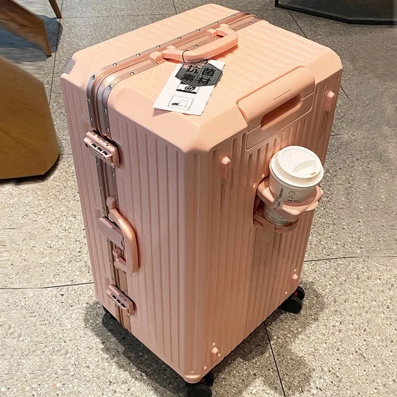 Grande Capacidade Bagagem de Viagem com Moldura De Alumínio, Mala com Suporte De Copo, Pull Rod Caixa Combinada, 24 28 32"
