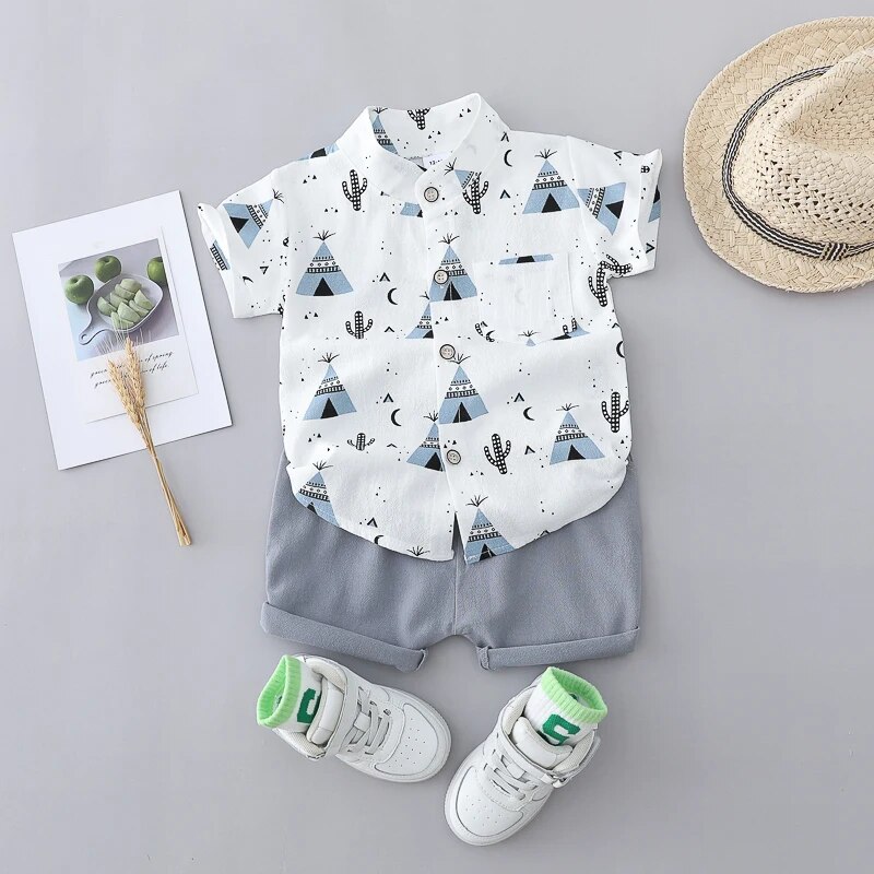 2PCS Children's Summer 100% Cotton Random Full Print Triangle Pattern Short Sleeved Stand up Collar Shirt and Shorts Set