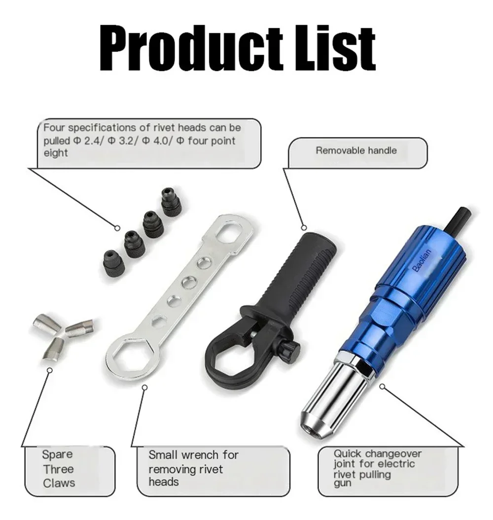 Pistolet à écrou à rivets 2.4mm-4.8mm, adaptateur de perceuse, pistolet à rivets électrique, outil de rivetage sans fil, insertion d'écrou, outil de rivetage à tirer rapidement