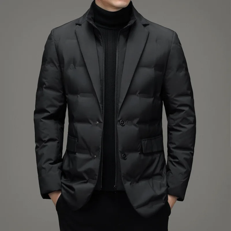2025 Men's Winter New Fake Two-Piece Warm blazer Business Leisure Warm Stand-up Collar down Jacket