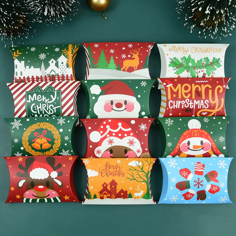 24/12 Uds. Caja de dulces con forma de almohada navideña, caja de regalo de papel Kraft de Feliz Navidad, embalaje de recuerdos para niños, Feliz Año Nuevo, Navidad 2024