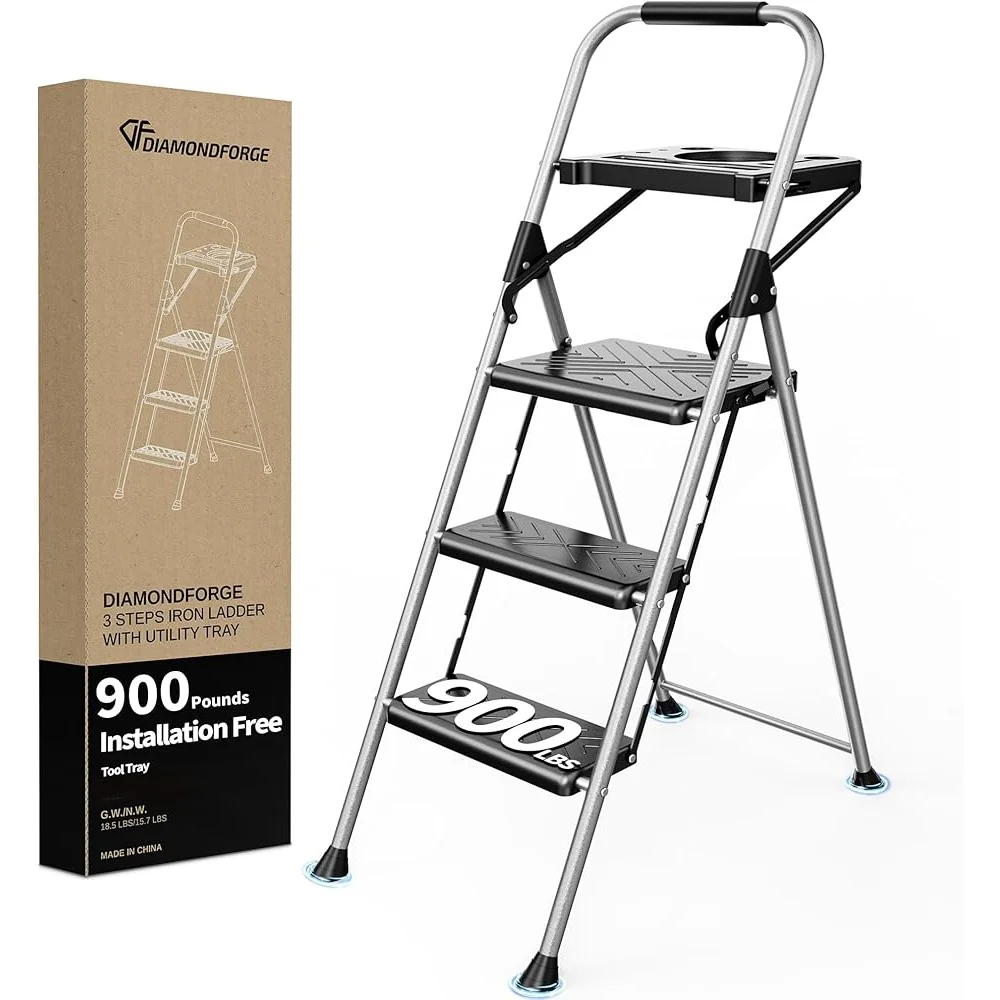 3 Step Folding Step Ladder Stool with Tool Tray Anti-Slip Pedal Heavy Duty Steel Construction 900lbs Portable Safe Space Saving