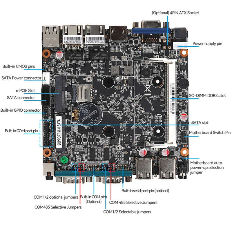 Lüfterloser Industrie-Mini-PC mit Inter N2840/J2900, unterstützt Windows10 LINUX mit 6xUSB 4xRS232/485 COM 2xLAN HDMI VGA-Computer