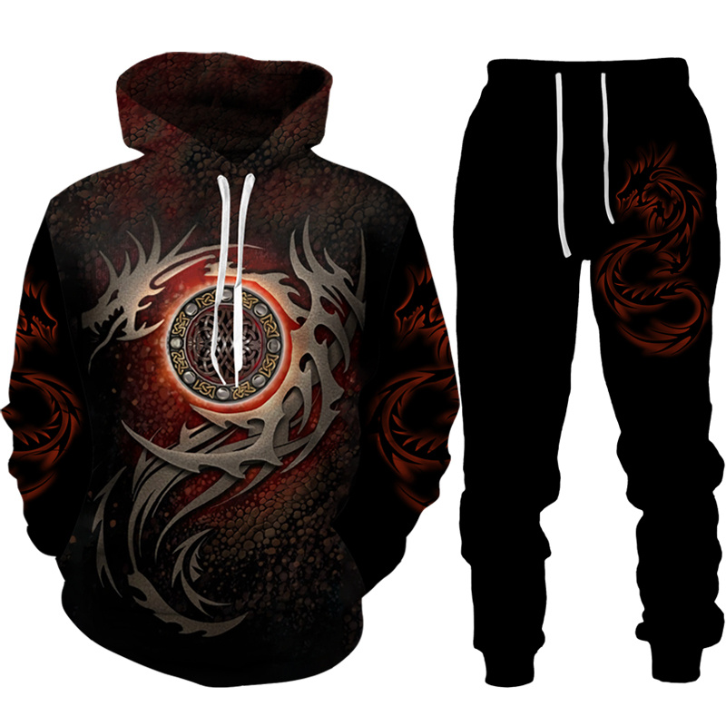 Retro Drachen Tattoo 3D-Druck Männer Frauen Trainings anzug setzt lässige Hoodie Hosen 2 stücke setzt übergroße Sweatshirt Mode Männer Kleidung