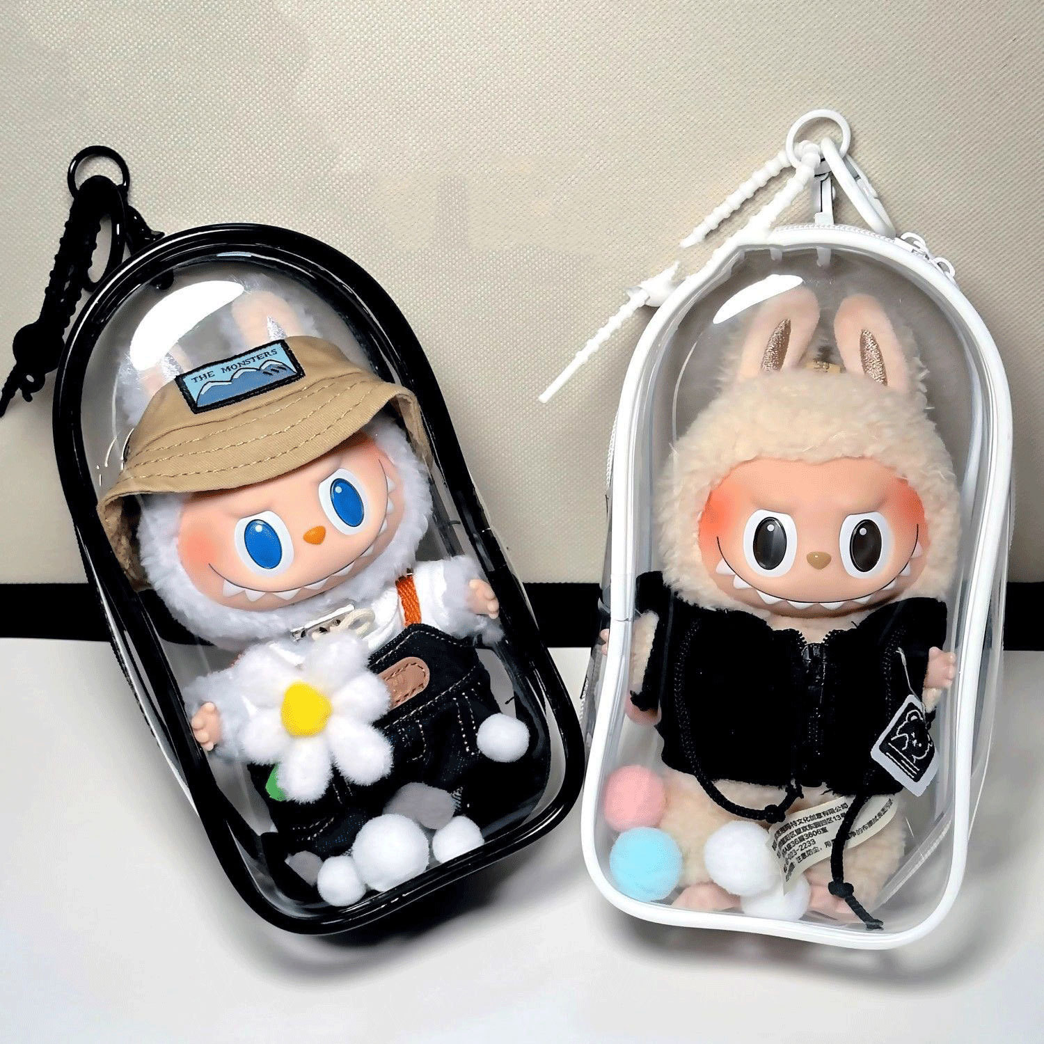 Colorful Transparent Protector Case Organizer Box for 17cm Labubu Plush Dolls Outdoor Display Bag With Keychain Doll Accessories